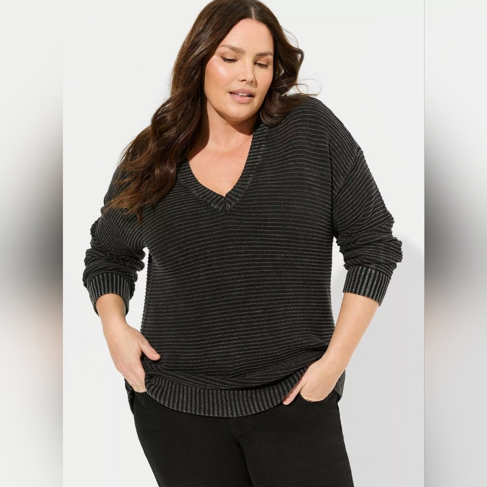 Torrid Pullover Drop Shoulder Washed Black V-Neck Ribbed Sweater
